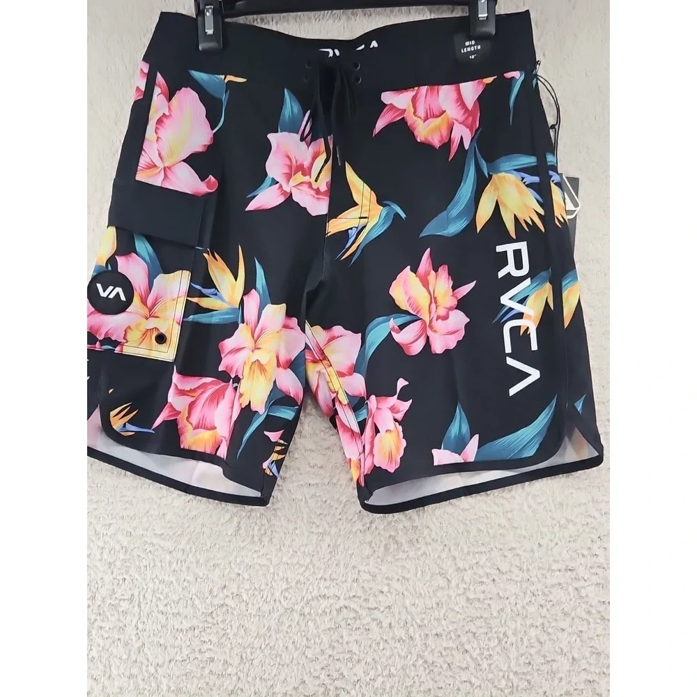 RVCA Surf Board Shorts Mens Size 29 Hawaiian Hibiscus Flowers Black New With Tag